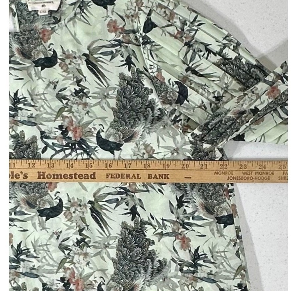 World Market Blouse L/XL Mint Green Peacock Bird Floral Pleated 3/4 Sleeve - Picture 8 of 8